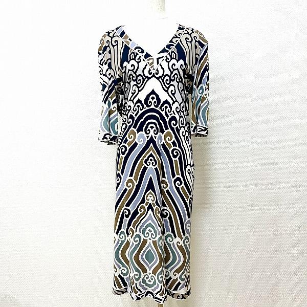 snc レオナール LEONARD ワンピース 40 マルチ 総柄 七分袖 ベルト