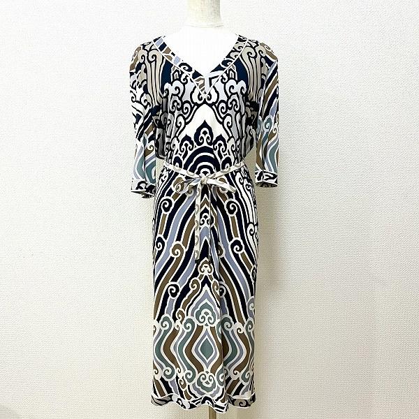 snc レオナール LEONARD ワンピース 40 マルチ 総柄 七分袖 ベルト