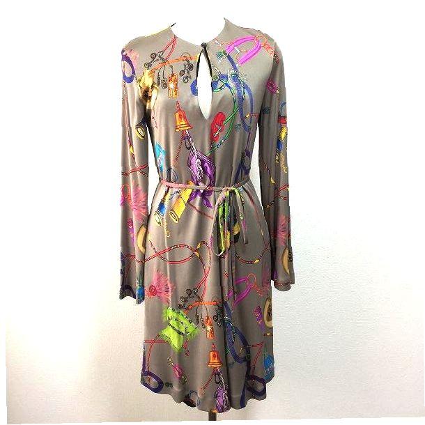 ETRO #anc エトロ ワンピース 38 グレー マルチ シルク 総柄 ベルト