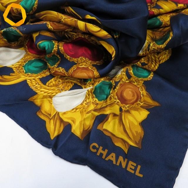 ape シャネル CHANEL 大判 スカーフ 紺 茶系 マルチ ビジュー