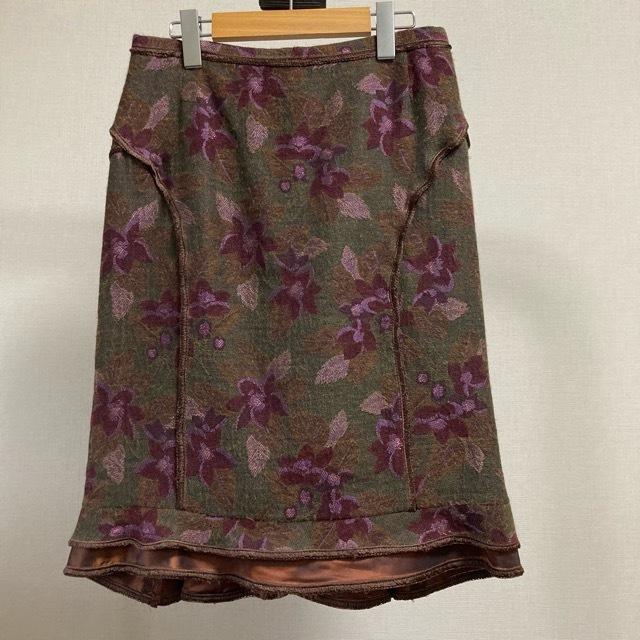 anc エトロ ETRO スカート 40 茶系 ゴブラン風 花柄 フリル 