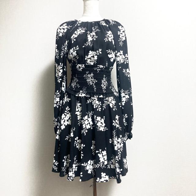 anc ケイトスペード KateSpade ワンピース XS 黒 白 花柄 シャーリング 