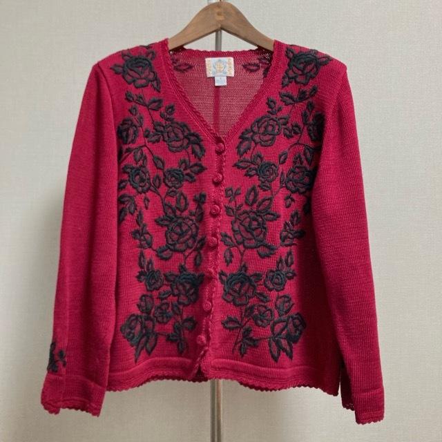 【美品】ロイヤルアルパカ　ハンド ニット カーディガン　花柄　XL相当　フラワー ROYAL ALPACA ロイヤルアルパカ100 花柄 ニット カーディガン