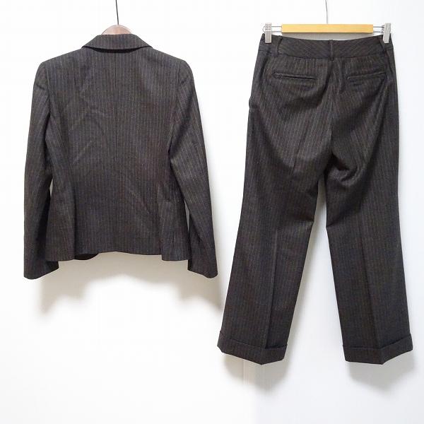 wnc ニューヨーカー NEWYORKER パンツスーツ 7AR 茶系 ストライプ  