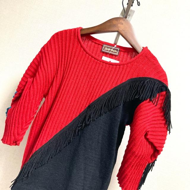 snc サイトウトヨコ 斉藤都世子 ニット・セーター 黒 赤 フリンジ バラ  