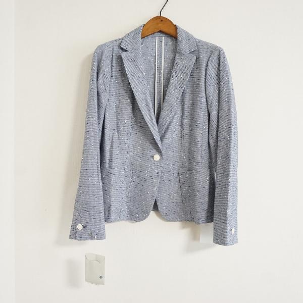 Leilian #snc レリアン ジャケット 7 青 白 麻混 薄手 イタリア製生地  