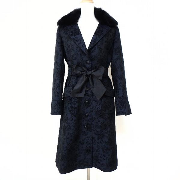 #wnc ルネ Rene コート 38 濃紺 総柄 刺繍 ファー付き ベルト付き シルク使い レディース [810232] |  | 02