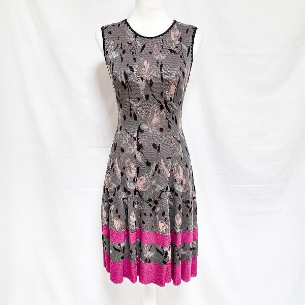 #snc ミッソーニ MISSONI ワンピース 42 グレー ピンク 黒 ニット イタリア製 ラメ 花柄 バックジップ ノースリーブ ...