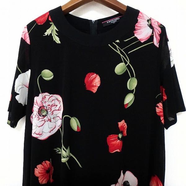 snc レオナール LEONARD ワンピース M 黒 赤 ピンク 花柄 半袖