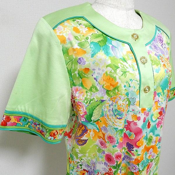 LEONARD #spc レオナール カットソー 半袖 花柄 金ボタン LL 緑系 