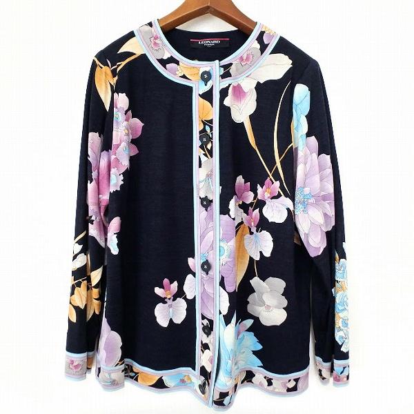 anc レオナール LEONARD カーディガン L 紺 マルチ 花柄 シルク混  