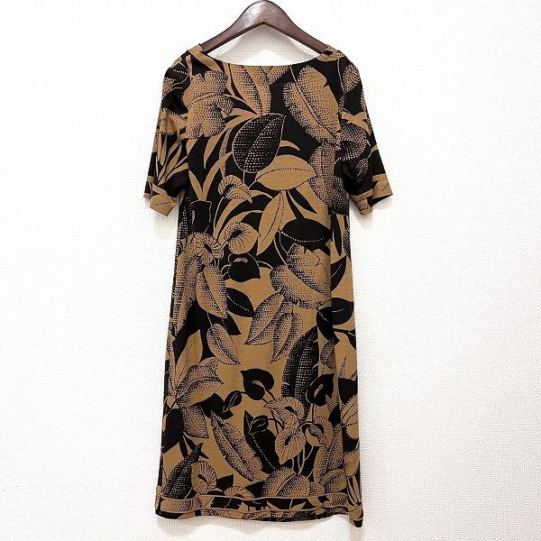 snc レオナール LEONARD ワンピース 42 茶系 黒 総柄 ドレープネック