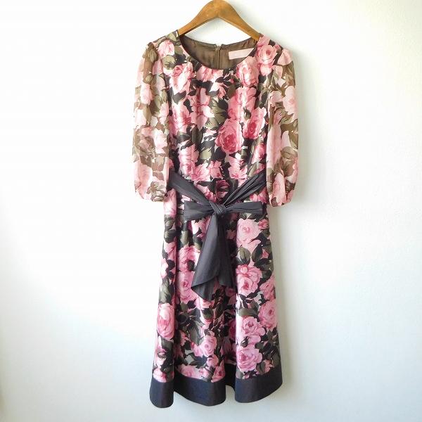 anc ギンザマギー 銀座マギー ワンピース 38 ピンク 茶 花柄 七分袖  