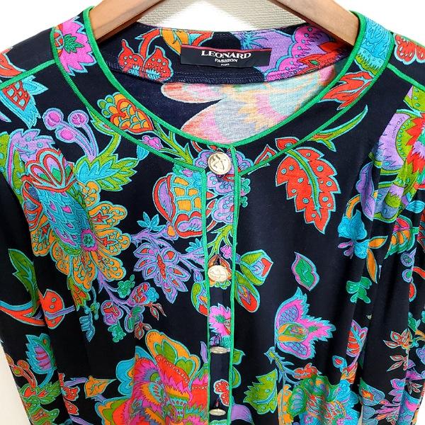 LEONARD レオナールカーディガン長袖金ボタン花柄紺ブラウスL