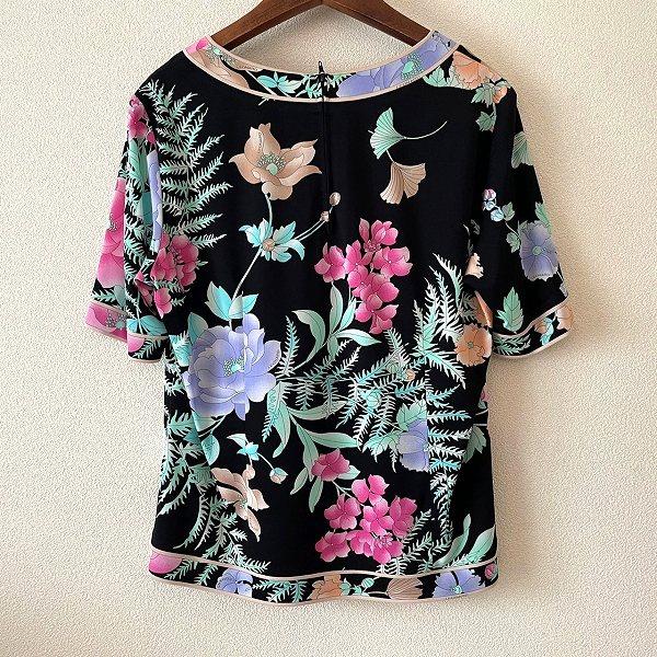 snc レオナール LEONARD カットソー 38 黒 ピンク 薄緑 半袖 花柄  