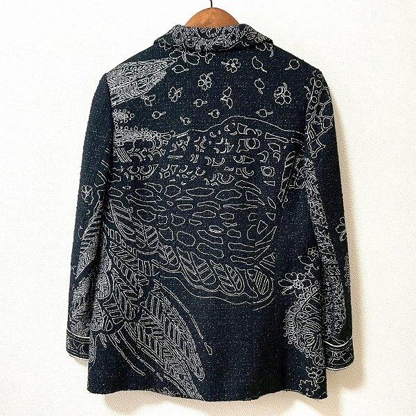 美品★レオナール ツイード ジャケット 花柄 トリム ネイビー 大きいサイズ42 レディース 美品☆レオナール ツイード ジャケット 花柄 トリム