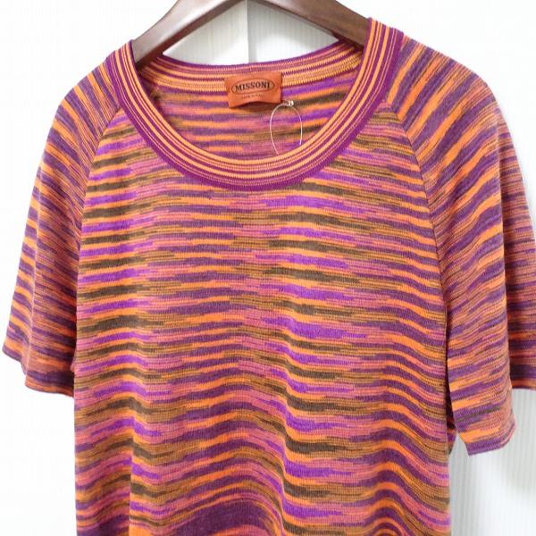 侵攻を決断 #wnc ミッソーニ MISSONI ニット セーター 48 紫 オレンジ 半袖 ボーダー 薄手 イタリア製 大きいサイズ レディース [846523]