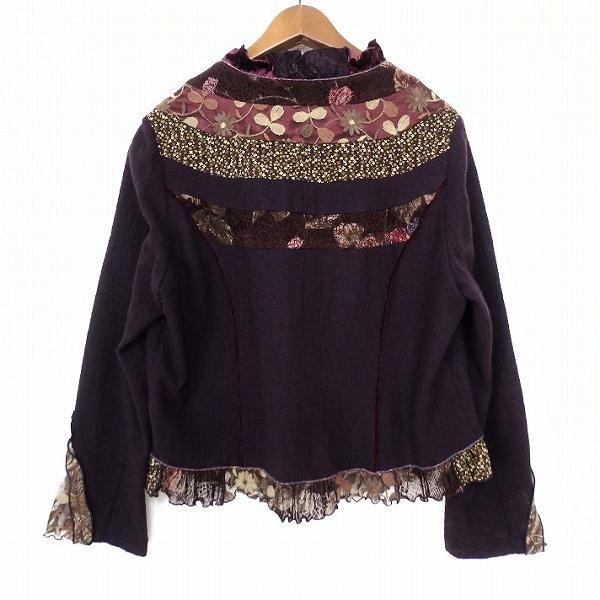 美品 ノンノンドール お花 刺繍 レース ジャケット ニット ムッシュ榊 F wnc ノンノンドール nonnondorl ジャケット F 紫 ピンク 茶 花 刺繍