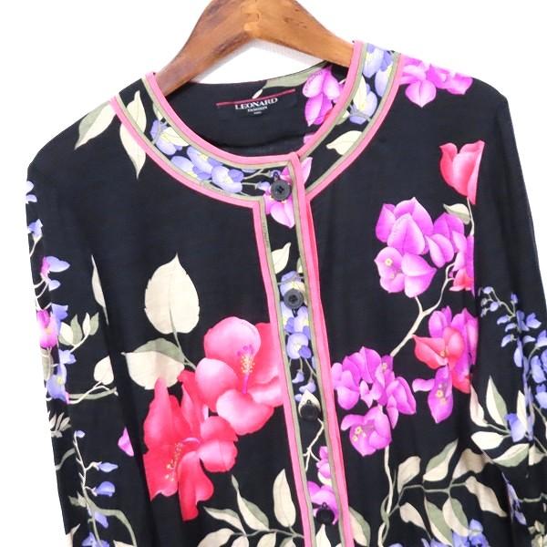 anc レオナール LEONARD カーディガン M 黒 マルチ 花柄 シルク混 日本