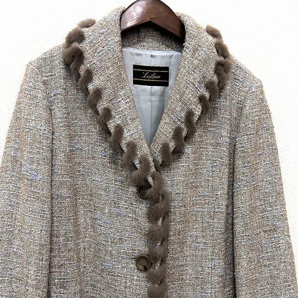 美品✨レリアン 日本製 ミンクファー付き ウール シルク カシミヤ 混紡 コート Leilian（レリアン） #wnc コート 13 ベージュ 茶 水色 ツイード