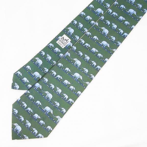 HERMES（エルメス） #apzt ネクタイ 緑 グレー系 シルク 総柄 ゾウ