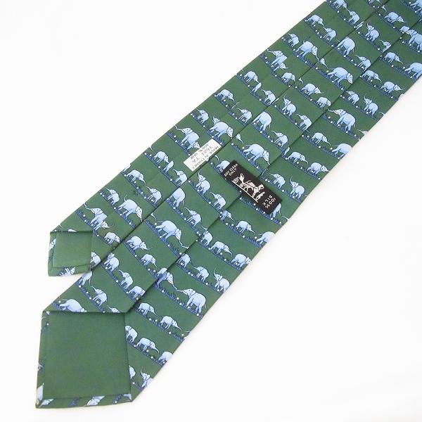 HERMES（エルメス） #apzt ネクタイ 緑 グレー系 シルク 総柄 ゾウ