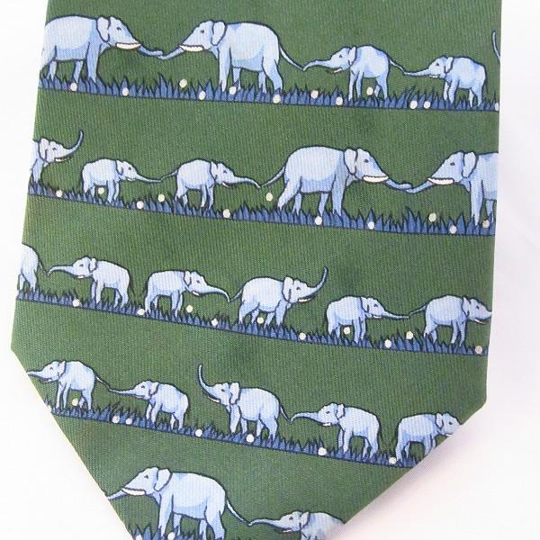 HERMES（エルメス） #apzt ネクタイ 緑 グレー系 シルク 総柄 ゾウ