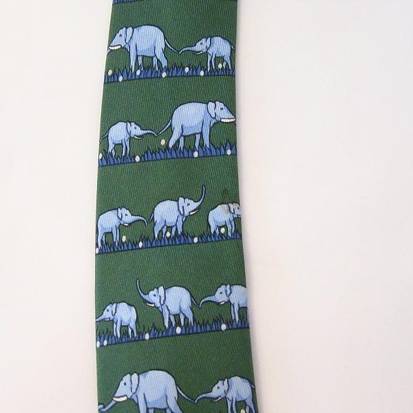 HERMES（エルメス） #apzt ネクタイ 緑 グレー系 シルク 総柄 ゾウ
