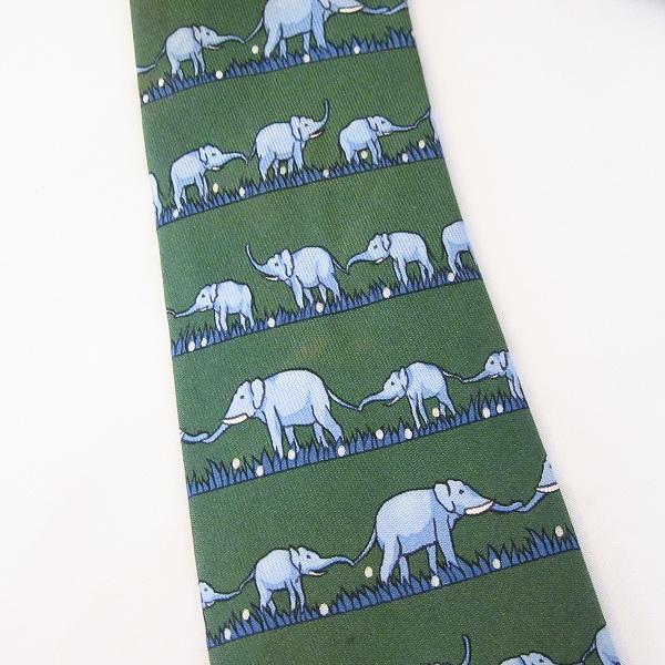 HERMES（エルメス） #apzt ネクタイ 緑 グレー系 シルク 総柄 ゾウ