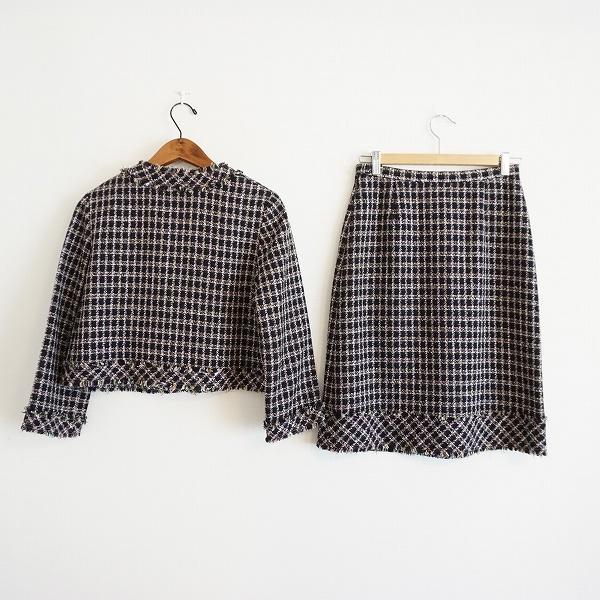 anc ハナエモリ HANAEMORI スカートスーツ 38 黒 ツイード ノーカラー  