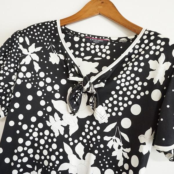 snc レオナール LEONARD カットソー L 黒 白 半袖 花柄 ドット