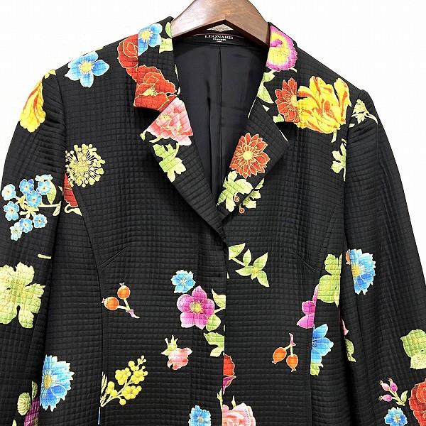 【美品】レオナール 花柄 黒×金 シルク混 日本製 中綿 ジャケット 13AR レオナール 公式オンラインショップ
