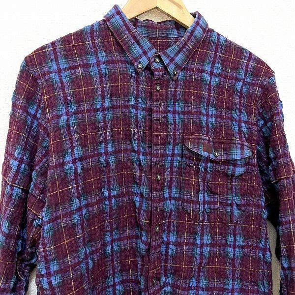 PAPAS カシミヤ混 チェックシャツ PAPAS #wnc パパス Papas シャツ L 紫系 水色 チェック シワ加工