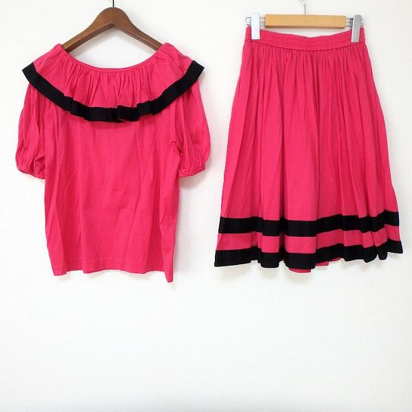 #snc イヴサンローラン Yves Saint Laurent セットアップ 9 ピンク 黒 ツーピース ヴィンテージ 半袖 フレア レディース [894629]_1