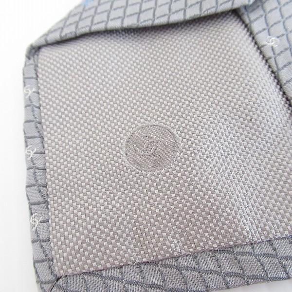新品CHANELシャネルシルクネクタイロゴマークグレーシルバードット