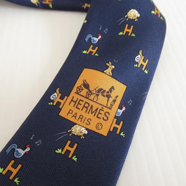 HERMES #anzt エルメス ネクタイ 紺 シルク 総柄 ロゴ 動物 HERMES #anzt エルメス ネクタイ 紺 シルク 総柄 ロゴ 動物