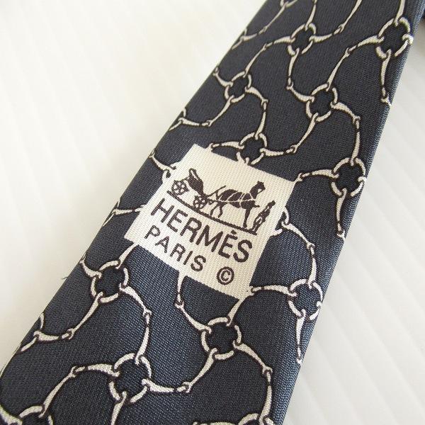 #anzt エルメス HERMES ネクタイ グレー系 白系 シルク 総柄 金具 フランス製 美品 メンズ [898992]_5