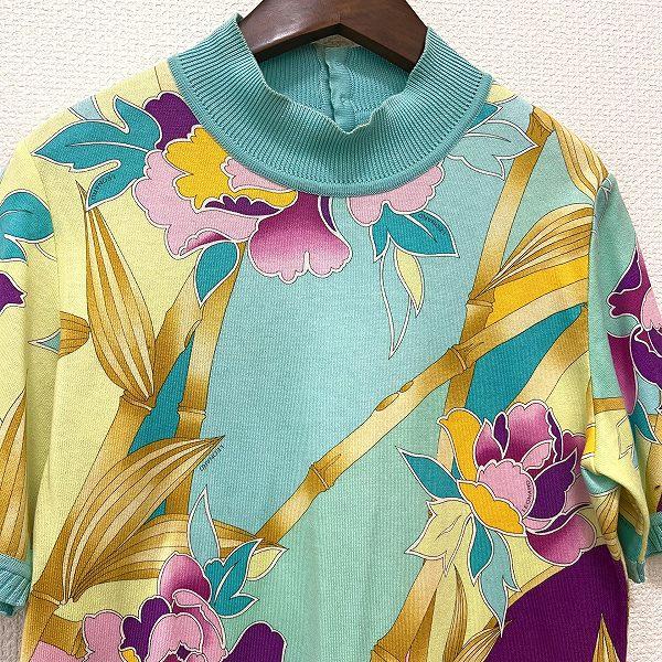 美品◎LEONARD レオナール カットソー マルチカラー トリム カンカン素材 LEONARD カットソー 花柄 トリム 長袖 コットン マルチカラー