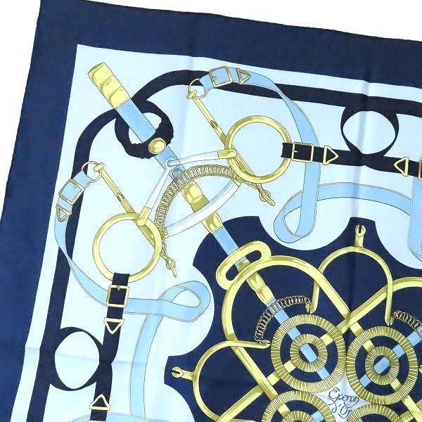 apzs エルメス HERMES カレ90 Eperon d'Or 黄金の拍車 スカーフ 紺