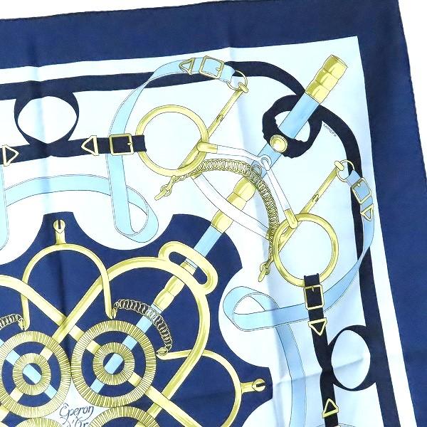 apzs エルメス HERMES カレ90 Eperon d'Or 黄金の拍車 スカーフ 紺