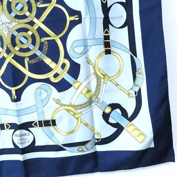 #apzs エルメス HERMES カレ90 Eperon d'Or 黄金の拍車 スカーフ 紺 水色 レディース [902884] |  | 03