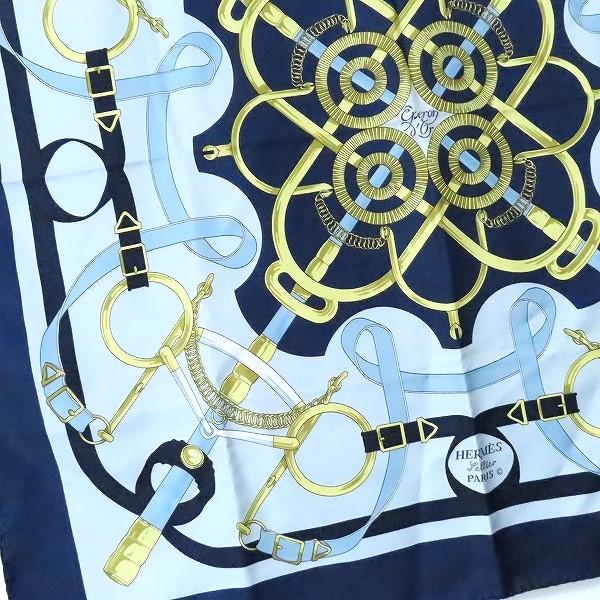 apzs エルメス HERMES カレ90 Eperon d'Or 黄金の拍車 スカーフ 紺