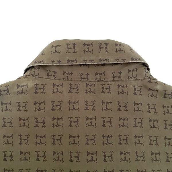 希少 90s HERMES エルメス シルクシャツ 金セリエボタン　アーカイブ HERMES（エルメス） #apc 長袖シャツ カーキ 黒 セリエボタン Hロゴ 総