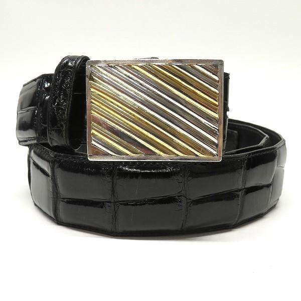 #anzj ベルト 黒 レザー クロコダイル コンビバックル K20YG イエローゴールド Pt900 プラチナ メンズ [912380] | 
