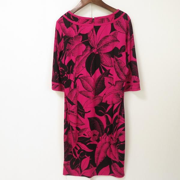 anc レオナール LEONARD ワンピース 42 ピンク 黒 五分袖 ボタニカル柄