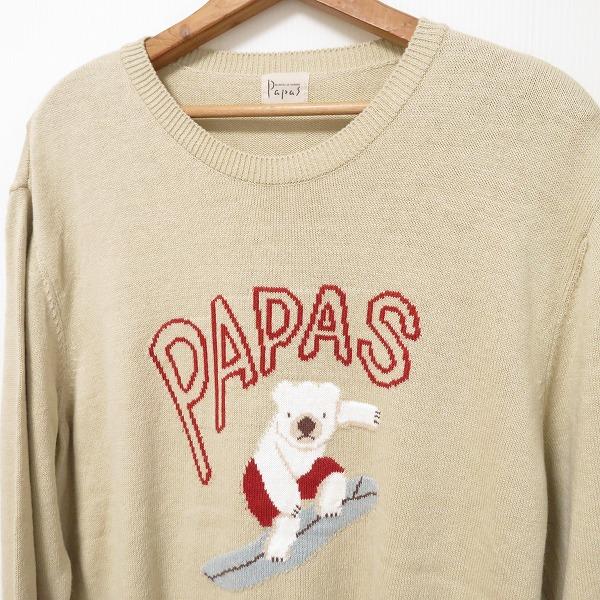 【美品】パパス　ニット・セーター・リネン・ベア・熊・サーフィン・ロゴ・48 PAPAS（パパス） #anc ニット セーター L ベージュ系 丸首 クマ