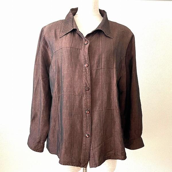 #anc レリアン Leilian シャツ ブラウス 13 こげ茶 麻混 シルク混 光沢 大きいサイズ レディース [933693] | Leilian