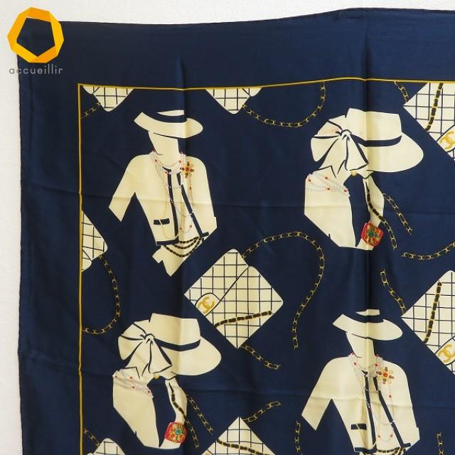 ape シャネル CHANEL 大判 スカーフ 紺 クリーム マドモアゼル柄 