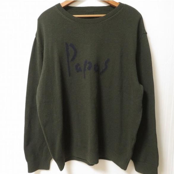 【新品】PAPAS アンゴラシルク混紡クルーネックニットセーター PAPAS（パパス） #wnc ニット セーター L カーキ系 シルク混 ロゴ