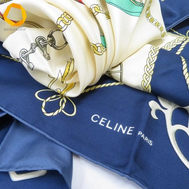 ae セリーヌ CELINE 大判 スカーフ 紺 オフホワイト マルチ 馬車柄